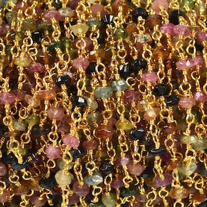 Multi Tourmaline Faceted Rosary Beaded Chain~~~3.0mm-3.5 mm~~~5 Feet~~Multi Tourmaline Gold Wire Wrapped Chain