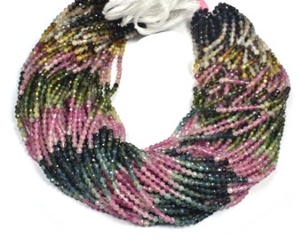 Contas redondas microfacetadas de turmalina multicolorida ~~5 fios ~~3,0 mm ~~33 cm de comprimento