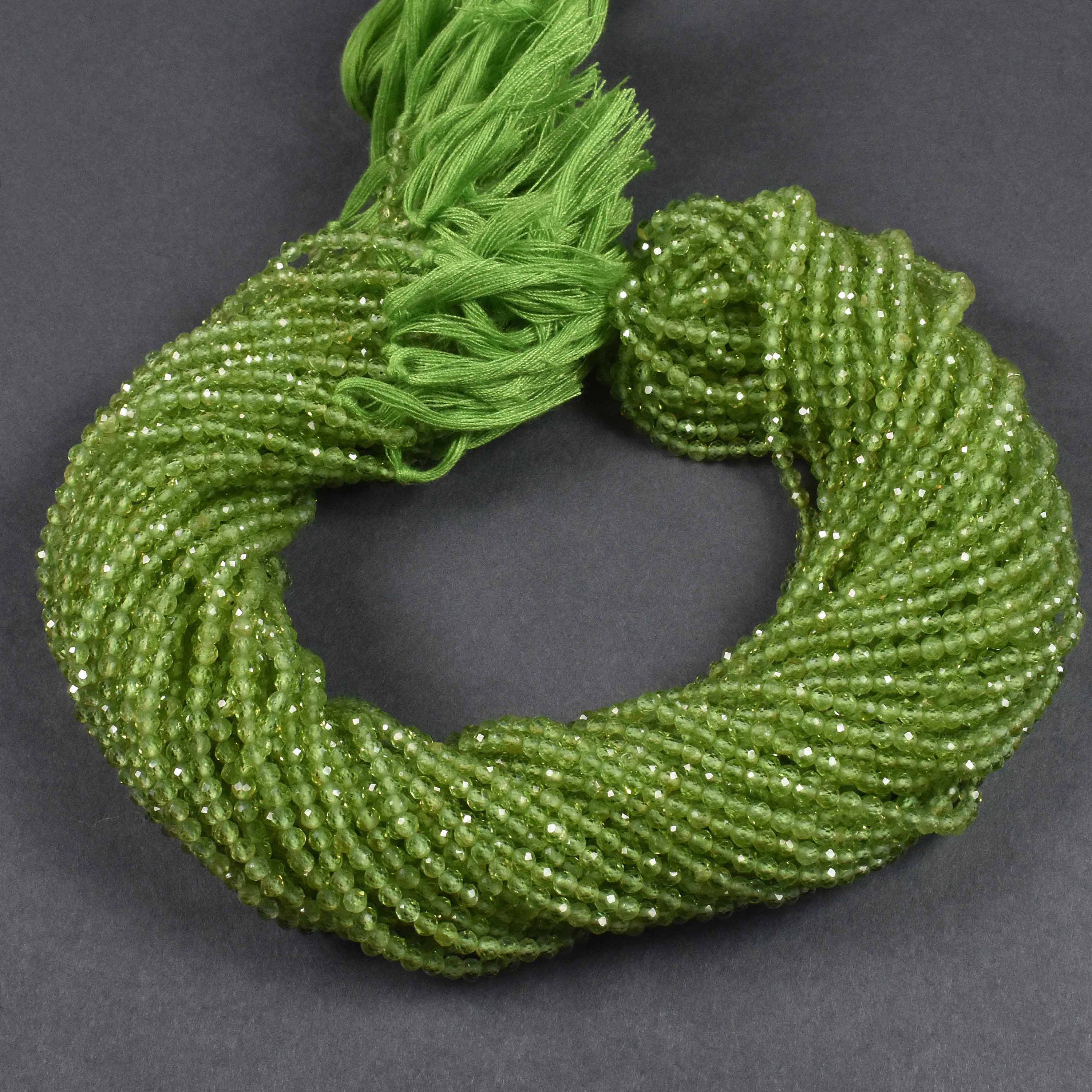 Peridot Microfaceted Ball Beads: 3mm Green Gemstone Rondelles, 13 Inch Strand