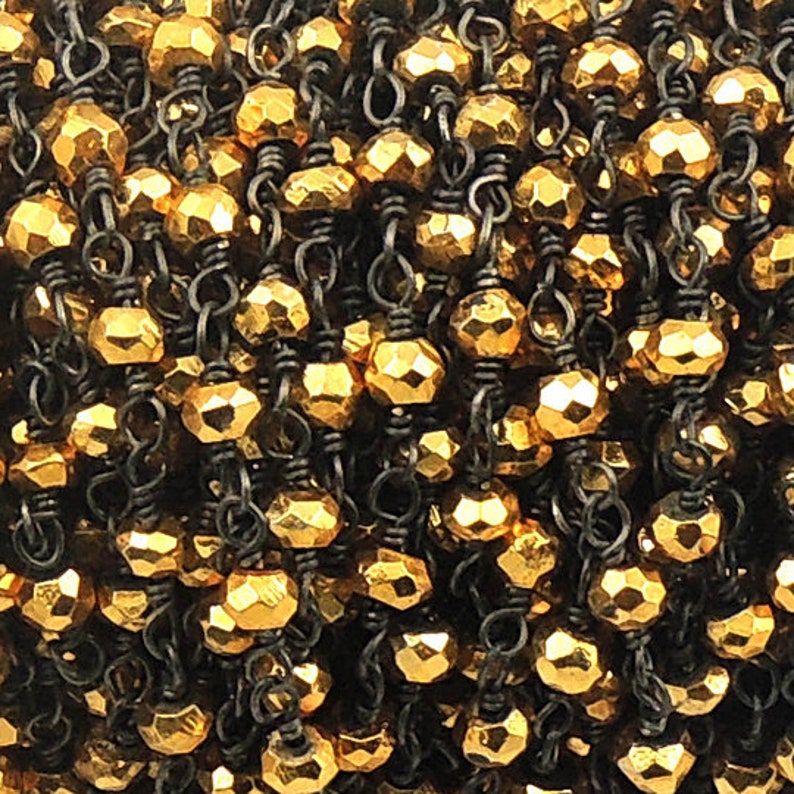 Bulk Sale~~Wholesale Sale~Mega Sale~~100 Feet Beautiful Gold pyrite Beaded Chain 3mm-3.5mm Rosary Chain,Black Wire Wrapped Chain