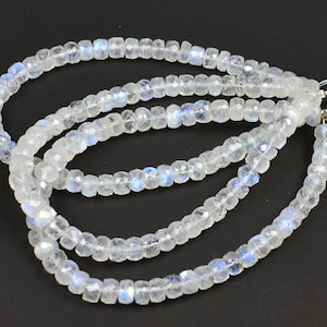 Faceted White Rainbow Moonstone Rondelle Beads with Blue Flash (8 Inch Strand)
