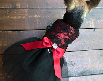 Robe satin rouge avec dentelles noires superposées et tutu noir pour chien. boucle rouge en satin. XXXS, XXS, XS, S, M et L et +