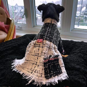 Dog tweed coat dress, 3 color options: white, black and pink. Dress could be all black, all white, all pink or a mix of those colors.
