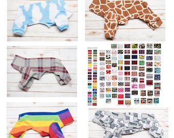 Fleece pajamas, onesies, jammies for dogs, many choices of patterns and solid colors