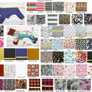May include: A collection of fabric swatches featuring various patterns and colors, including stripes, polka dots, floral prints, and animal prints. The fabrics are labeled with names such as "Rainbow", "Navajo", "Jungle", "Melons", and "Buffalo Orange-red".