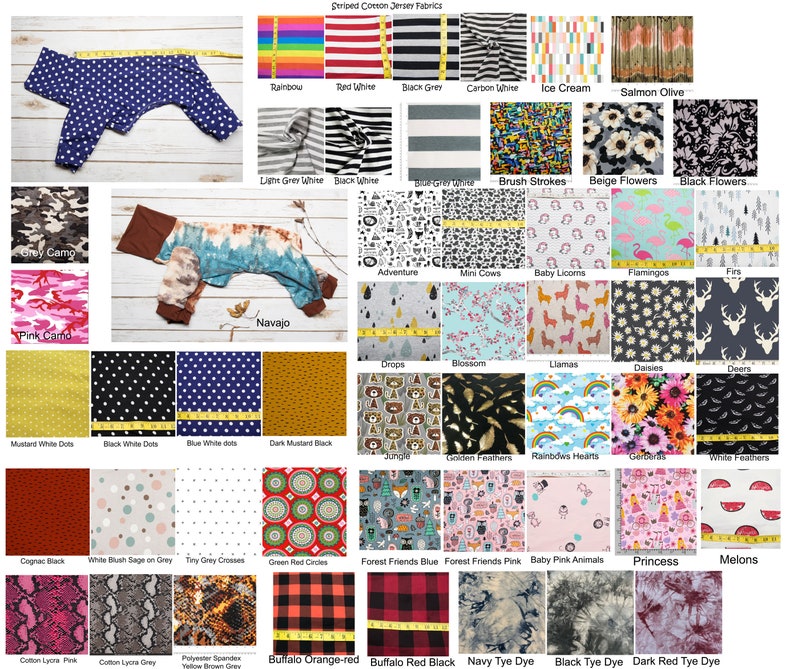 May include: A collection of fabric swatches featuring various patterns and colors, including stripes, polka dots, floral prints, and animal prints. The fabrics are labeled with names such as "Rainbow", "Navajo", "Jungle", "Melons", and "Buffalo Orange-red".
