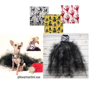 Maxi-Halloween-Geschirrkleid aus Baumwolle mit verschiedenen Mustern und passendem Tüll für Hunde XXXS bis L und + nach Maß