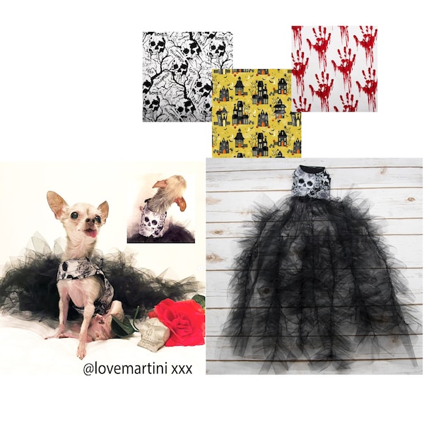 Robe Maxi Halloween harnais en coton à Motifs variés et tulle assorti pour chien XXXS à L et + sur mesure