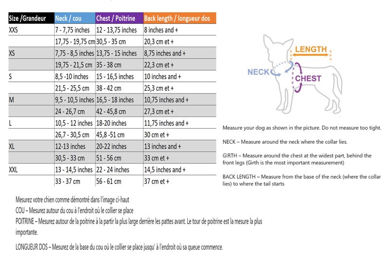 May include: A chart with size and measurement guidelines for dog clothing. The chart includes neck, chest, and back length measurements in both inches and centimeters. A diagram shows how to measure a dog for clothing.