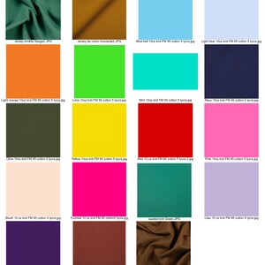 May include: A collection of 16 fabric swatches in various colors and textures, including jersey, sueded knit, and cotton knit. Each swatch is labeled with the fabric type, color, and weight.