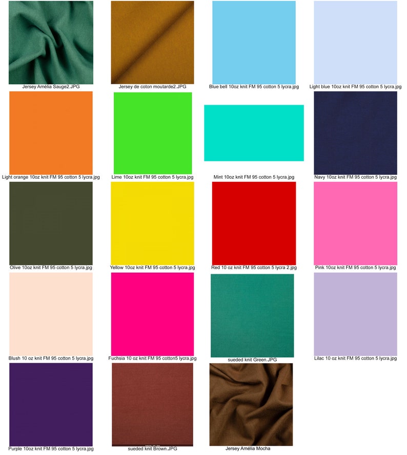 May include: A collection of 16 fabric swatches in various colors and textures, including jersey, sueded knit, and cotton knit. Each swatch is labeled with the fabric type, color, and weight.