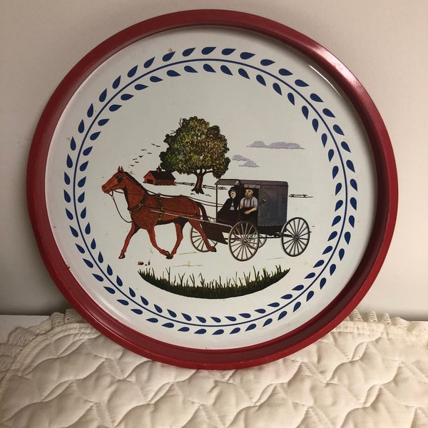 Vintage Amish 13” Tin Serving Tray Pennsylvania Dutch Horse & Buggy