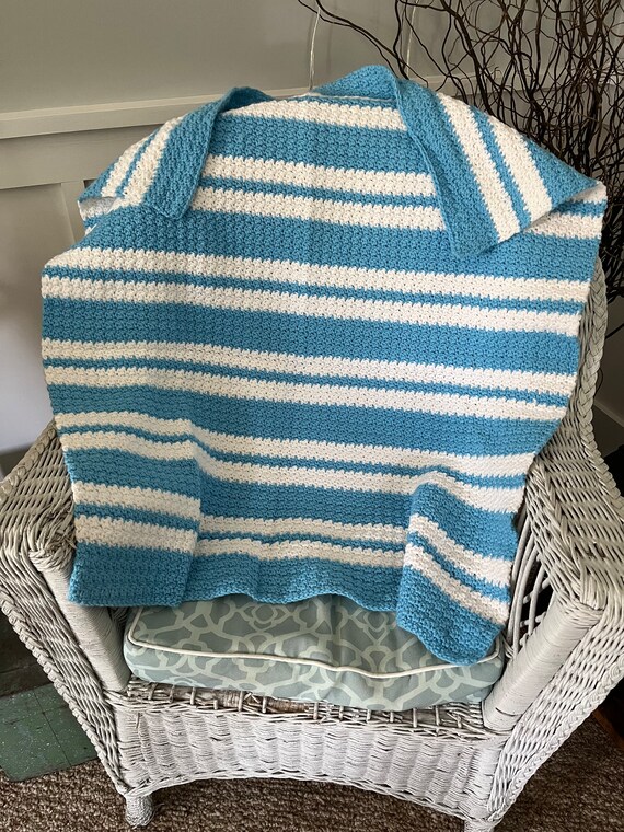 Crochet Blanket Throw Blue White Amish Made Etsy