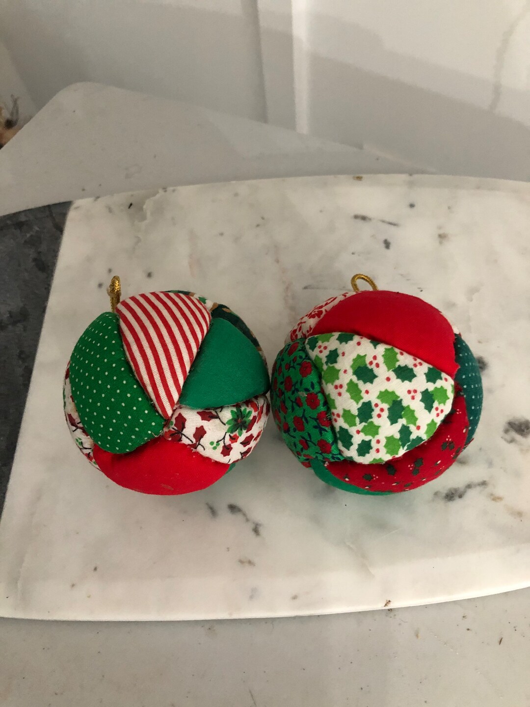 Vintage Fabric Quilted Christmas Ball Ornaments Set of 2 Made by Amish