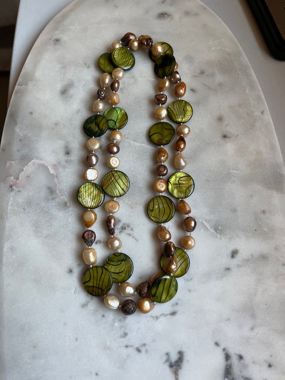Vintage Glass Bead Necklace Greens & Neutral colo… - image 1