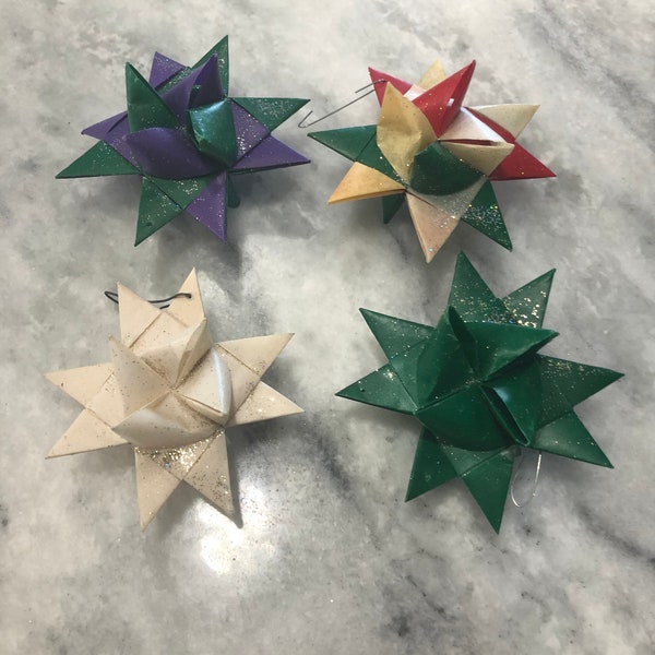 Vintage Christmas Paper Star German Froebel, Moravian Wax Paper Ornaments sets of 4