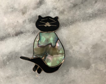 Vintage Cat Brooch Pin Mexican Sliver natural Abalone Shell Pearl Mother of Pearl 1990’s