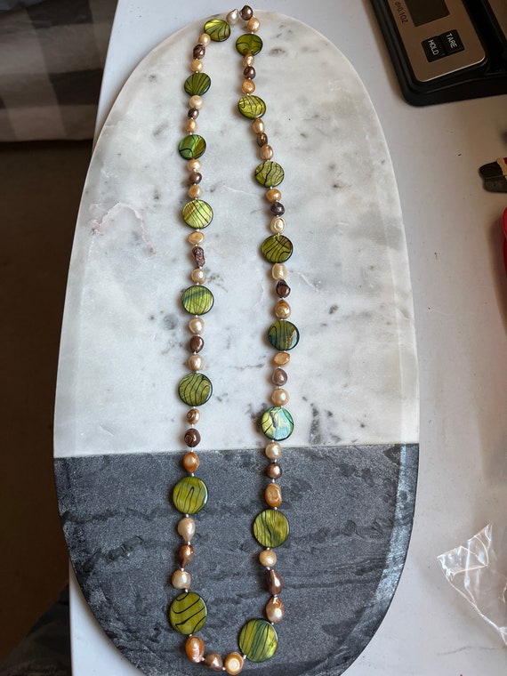 Vintage Glass Bead Necklace Greens & Neutral colo… - image 2