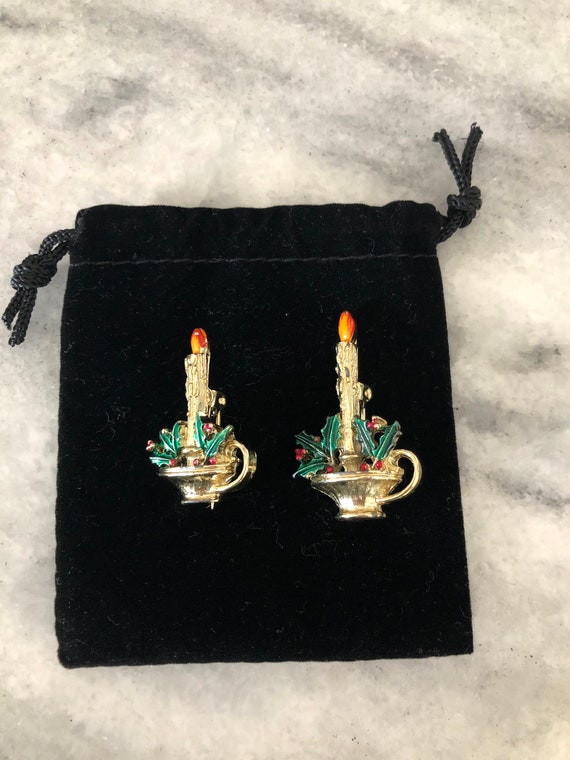 Vintage Enamel Christmas Candle Pin Brooch Set of… - image 1