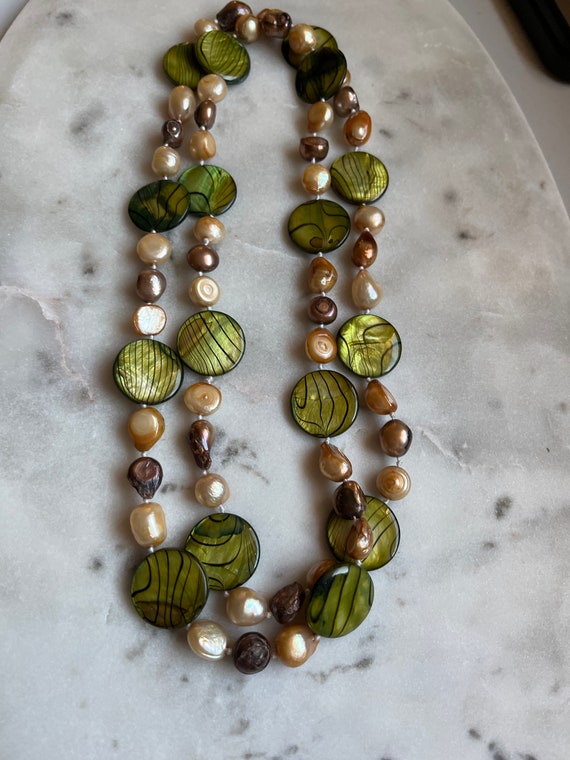 Vintage Glass Bead Necklace Greens & Neutral colo… - image 3