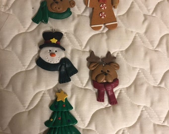 Vintage Polymer Clay Christmas Ornament Set of 5 Snowman, Christmas Tree, Gingerbread Man, Bear & Reindeer