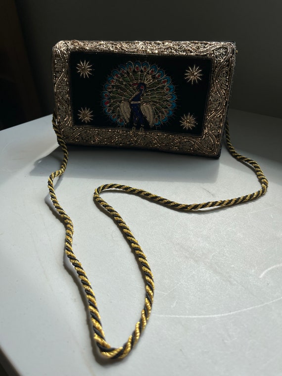 Vintage Peacock Velvet Embroidered Clutch Bag Rar… - image 1