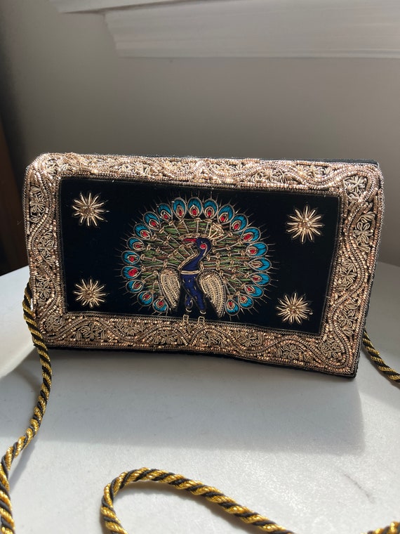 Vintage Peacock Velvet Embroidered Clutch Bag Rar… - image 2
