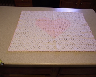 Crochet Baby Afghan White & Pink Heart Amish Made 25" x 19" Mid Century