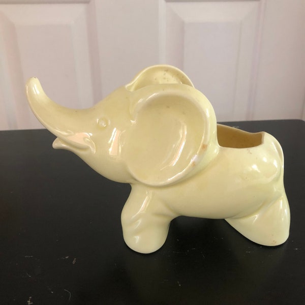 Vintage Pottery Yellow Glaze Figural Trunk Up Elephant Planter Nursery Succulent