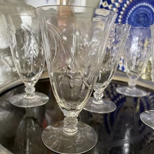 MCM Set Of 6 Vintage Fostoria SELMA Etch Optic Glass 4-3/4&#39;&#39; Tall Juice Crystal Cocktail Stemmed Glasses 1940s USA Made