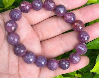 Pulsera con cuentas de rubí rojo facetado genuino de 11-11,8 mm de corte redondo, con acabado en piedra preciosa natural (1 unidad)