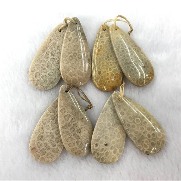 Waterdrop Fossil Coral Jade, Natural Chrysanthemum Stone Teardrop Pendant ---1 Pair(2pcs)