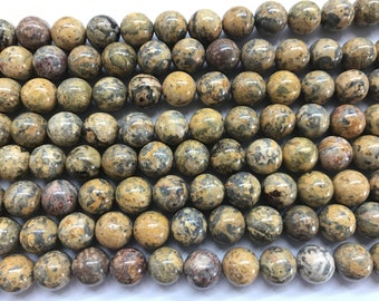 Jaspe véritable peau de léopard 6 mm - 12 mm Perles rondes naturelles de pierres précieuses jaunes en vrac, Fourniture de bijoux pour bracelet, collier, soutien matériel de 15 pouces