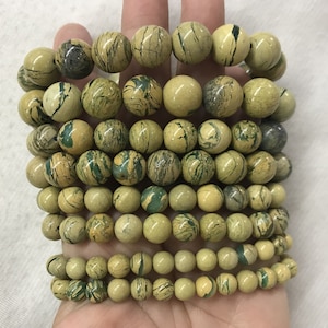 Yellow Dragon Skin Jasper 6mm - 12mm Round Genuine Yellow Green Gemstone Beads Finished Bracelet - 1piece