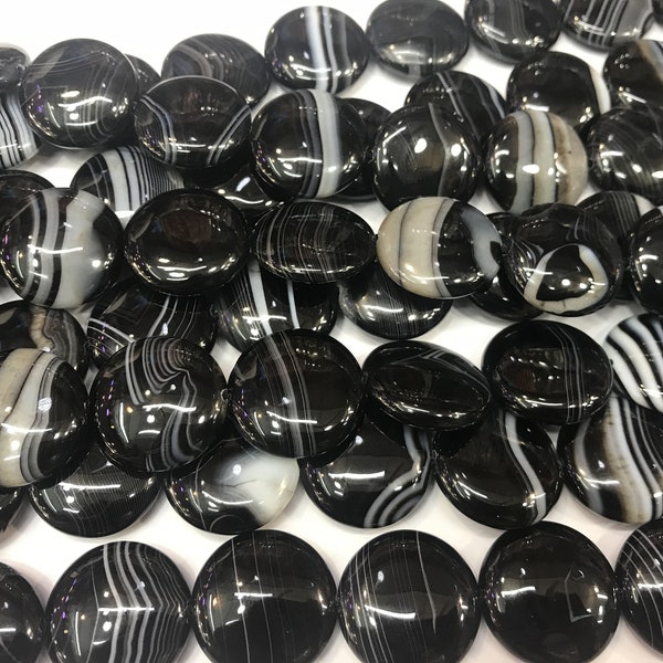 Banded Agate 20mm - 40mm Flat Round Black Dyed Loose Coin Beads 15 inch Jewelry Supply Bracelet Necklace Material Support Wholesale