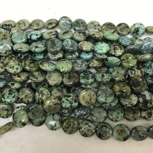 Genuine Africa Turquoise 10mm / 12mm  Flat Round Natural Loose Green Coin Gemstone Beads 15 inch Jewelry Supply Bracelet Necklace Material