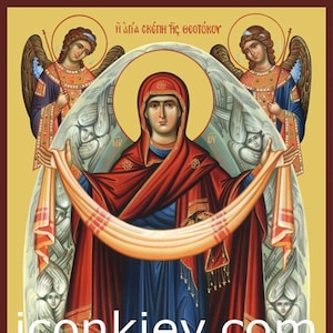 Schutz der Muttergottes mit Engeln, Theotokos Ikone, byzantinische Ikone, Kunst zum digitalen Download, druckbare Kunst, gerahmte Kunst