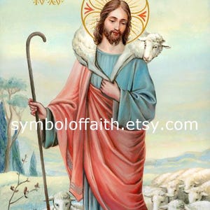 May include: A painting of Jesus Christ as the Good Shepherd, carrying a lamb on his shoulders. He is surrounded by a flock of sheep in a field. The text "I am the good Shepherd, I know Mine, and Mine know Me." is written in gold lettering at the top of the painting.