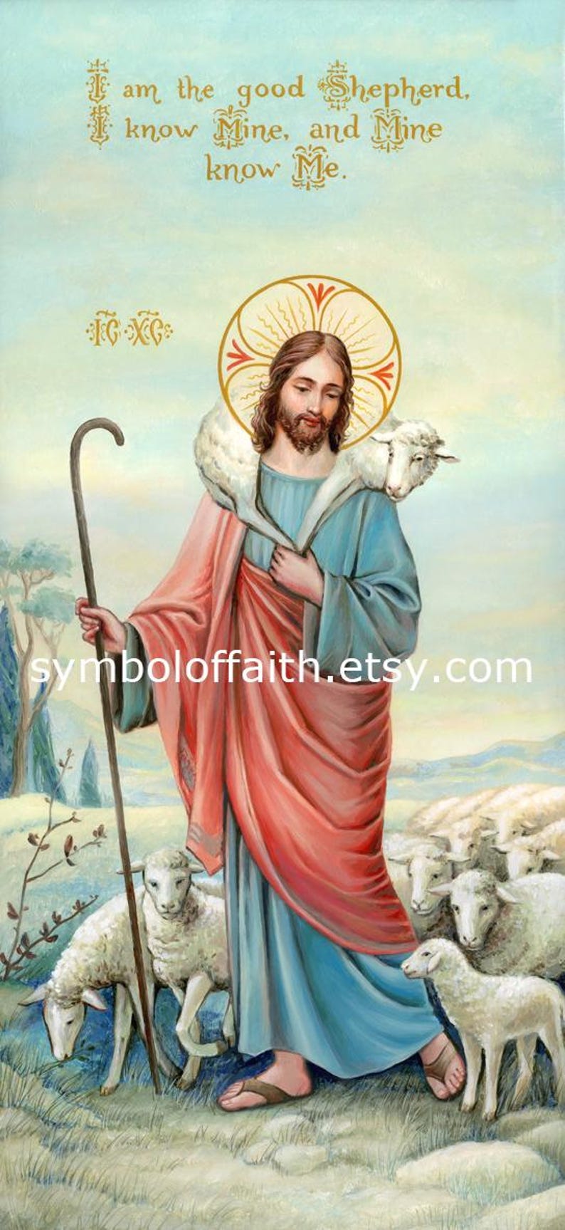May include: A painting of Jesus Christ as the Good Shepherd, carrying a lamb on his shoulders. He is surrounded by a flock of sheep in a field. The text "I am the good Shepherd, I know Mine, and Mine know Me." is written in gold lettering at the top of the painting.