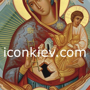 K&ouml;nnte beinhalten: Eine Ikone, die die Jungfrau Maria zeigt, die das Jesuskind h&auml;lt. Die Ikone ist in traditionellem Stil mit goldenen Akzenten gemalt. Die Jungfrau Maria tr&auml;gt eine rote Robe und einen blauen Schleier. Das Jesuskind tr&auml;gt eine gelbe Robe. Die Ikone ist vor einem goldenen Hintergrund platziert. Der Text "iconkiev.com" ist am unteren Rand des Bildes sichtbar.
