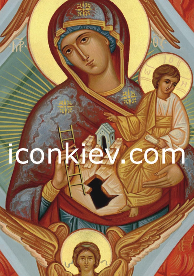 K&ouml;nnte beinhalten: Eine Ikone, die die Jungfrau Maria zeigt, die das Jesuskind h&auml;lt. Die Ikone ist in traditionellem Stil mit goldenen Akzenten gemalt. Die Jungfrau Maria tr&auml;gt eine rote Robe und einen blauen Schleier. Das Jesuskind tr&auml;gt eine gelbe Robe. Die Ikone ist vor einem goldenen Hintergrund platziert. Der Text "iconkiev.com" ist am unteren Rand des Bildes sichtbar.