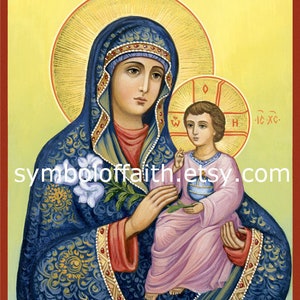 May include: An icon depicting the Virgin Mary holding the baby Jesus. Mary is wearing a blue robe with gold trim and a red shawl. Jesus is wearing a pink robe and holding a small white flower. The icon has a yellow background with gold accents.