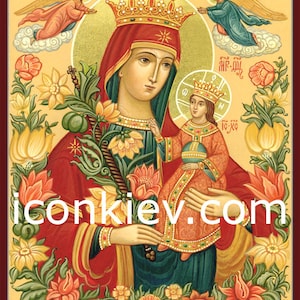 May include: An icon depicting a woman wearing a crown and holding a child, both crowned. The figures are surrounded by angels, flowers, and a gold halo. The image has a red border and the text "iconkiev.com".