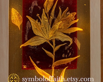 Painting with Lilies, Original hand painted acrilic painting with natural flowers, Original Art, Night light, Original gift