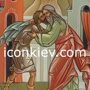 May include: A religious icon painting depicting two figures in a warm embrace. The figures are dressed in long robes, one in red and the other in green. The background features a building with a red roof and a landscape with hills. The text "iconkiev.com" is visible in the lower center of the image.