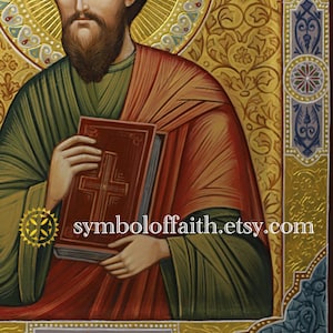 May include: A hand-painted icon of Saint Paul holding a book with a red cover and a gold cross. The icon is set against a gold background with intricate floral designs. The text "Св. Апостол Павел" is written in Cyrillic at the bottom of the icon.
