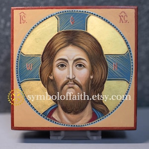 Jesus Christus Heiliges Gesicht, Nicht von Menschenhand hergestellt, kyrillische Ikone, Original handgemalte Ikone, byzantinische Ikone, christliches Geschenk