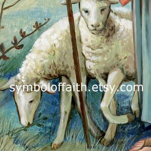 May include: A painting of a shepherd with two white lambs. The shepherd is wearing a red robe and holding a staff. The lambs are standing in a field of green grass.