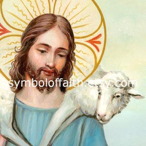 May include: A painting of Jesus Christ, depicted as the Good Shepherd, carrying a white lamb on his shoulders. He has a halo with red and gold accents. The background is a light blue sky.