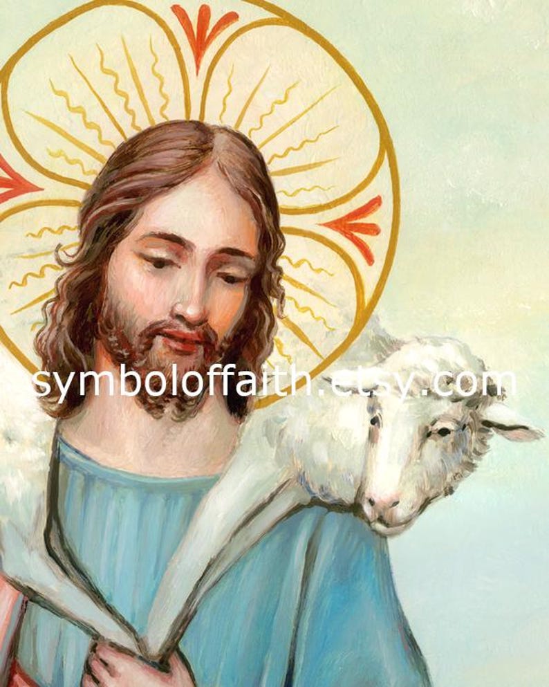 May include: A painting of Jesus Christ, depicted as the Good Shepherd, carrying a white lamb on his shoulders. He has a halo with red and gold accents. The background is a light blue sky.